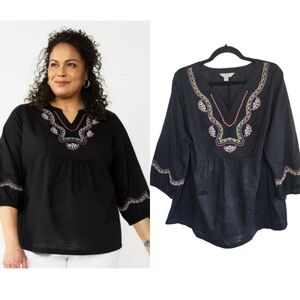 Croft & Borrow plus size black embroidered boho top Women's plus size 1X